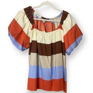 Lee Mathews Striped Puff Sleeve Blouse Size 2 US M/L Silk Cotton Blend